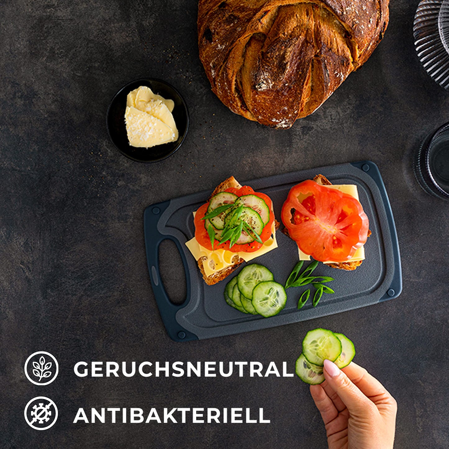 Exitoso 3-Piece Innovative Chopping Board Set | Non-Slip with Juice Groove and Handle | Dishwasher Safe | Antibacterial | Grey/Black Plastic