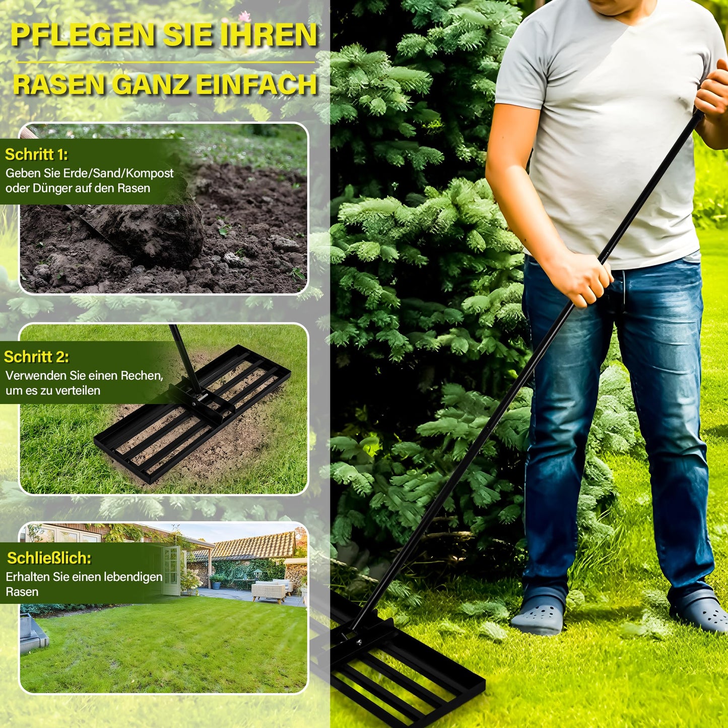 Garten Rasen-Nivellierungsrechen XL,Edelstahl-Ebnungsplatte, Verstärkte Schweißnähte, 68-198 cm Verstellbar, Anti-Kipp-Kante, für Boden, Erde, Garten, Rasenpflege, Landschaftsbau (75 X 25 cm)