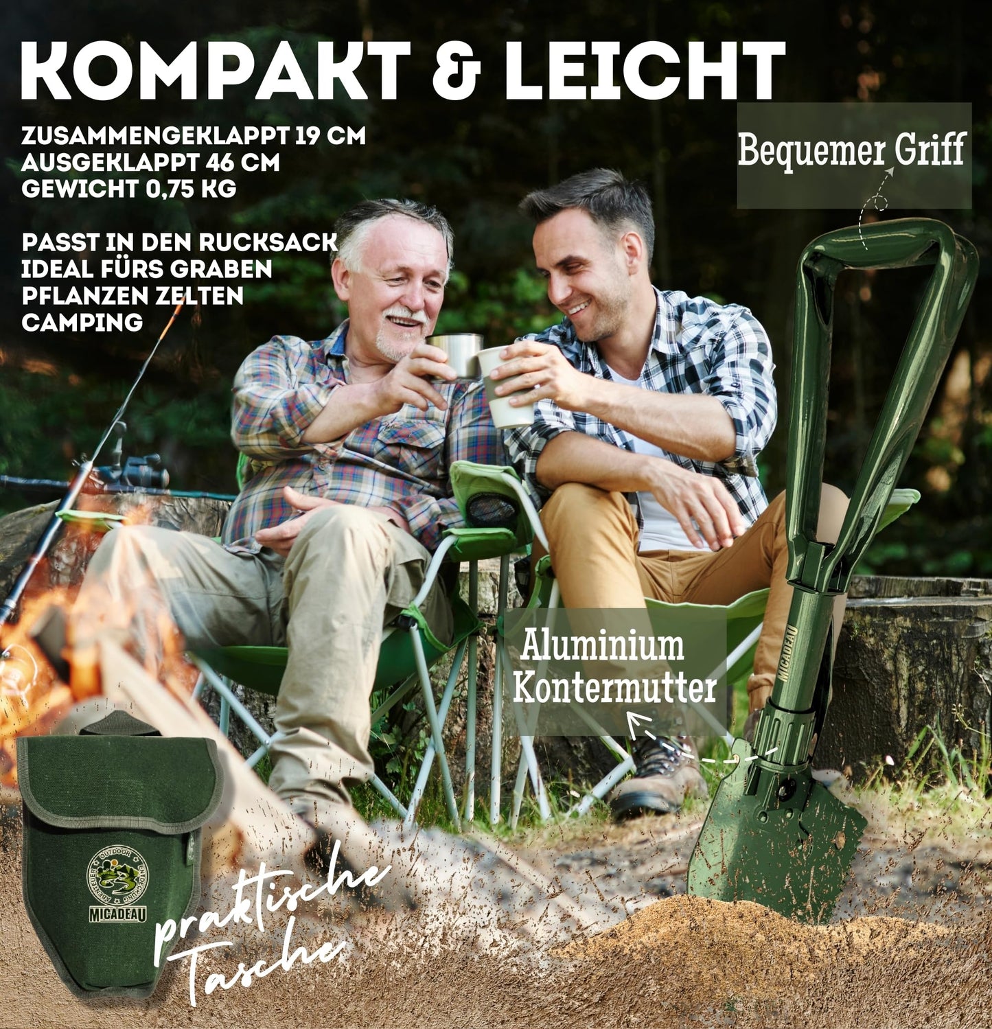 MiCadeau Klappspaten, Ostergeschenk, Geburtstagsgeschenk für Männer, Garten Spaten, Schaufel aus robustem Karbonstahl m. Gürteltasche, ideal fürs Abenteuer, Zelten, Outdoor, Autozubehör (Schwarz)