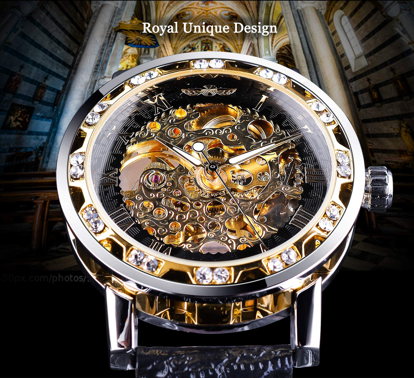 FORSINING Gewinner Retro Manuelle mechanische Skelett Uhr mit Diamantschnitzen Blume Handwerk Männer Armbanduhr Klassische römische Zahl, Schwarze Goldfarbe