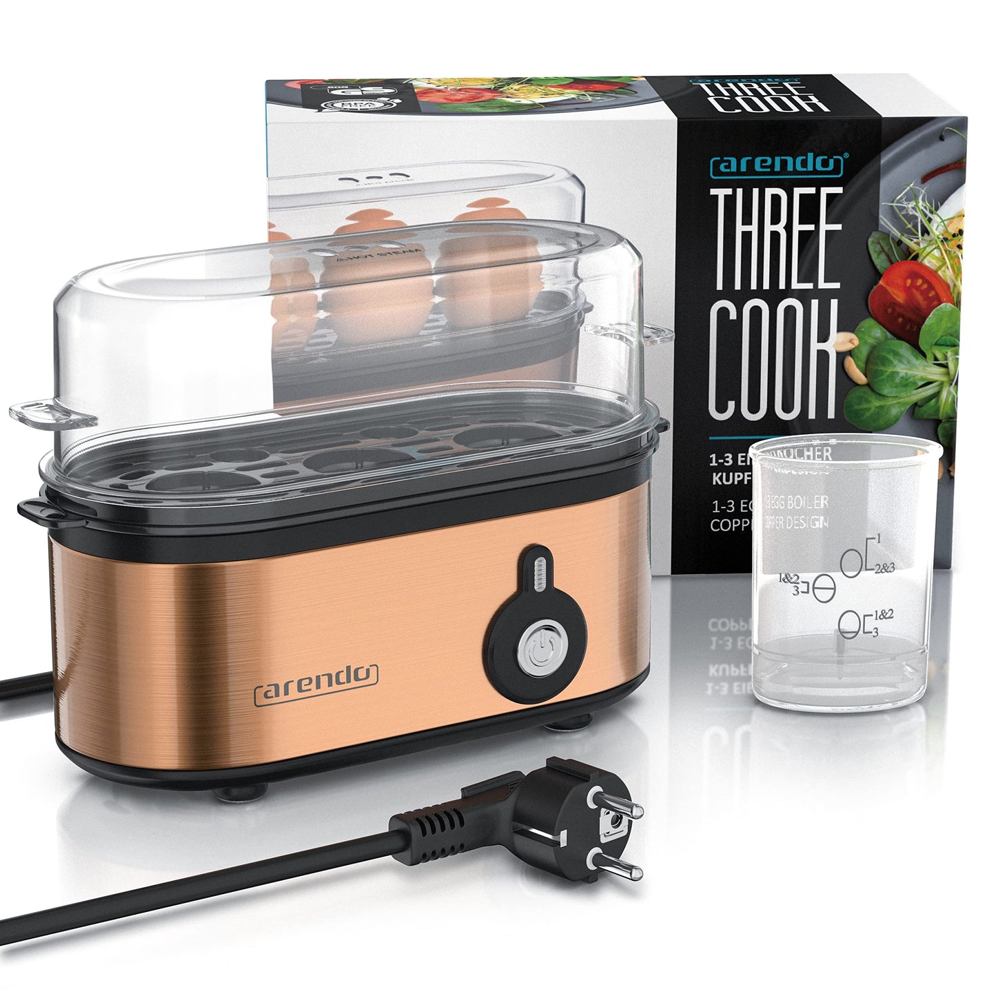 Arendo - Edelstahl Eierkocher Threecook - Egg Cooker - EIN AUS-Schalter - Wählbarer Härtegrad - 210 W - 1-3 Eier - GS - BPA-frei