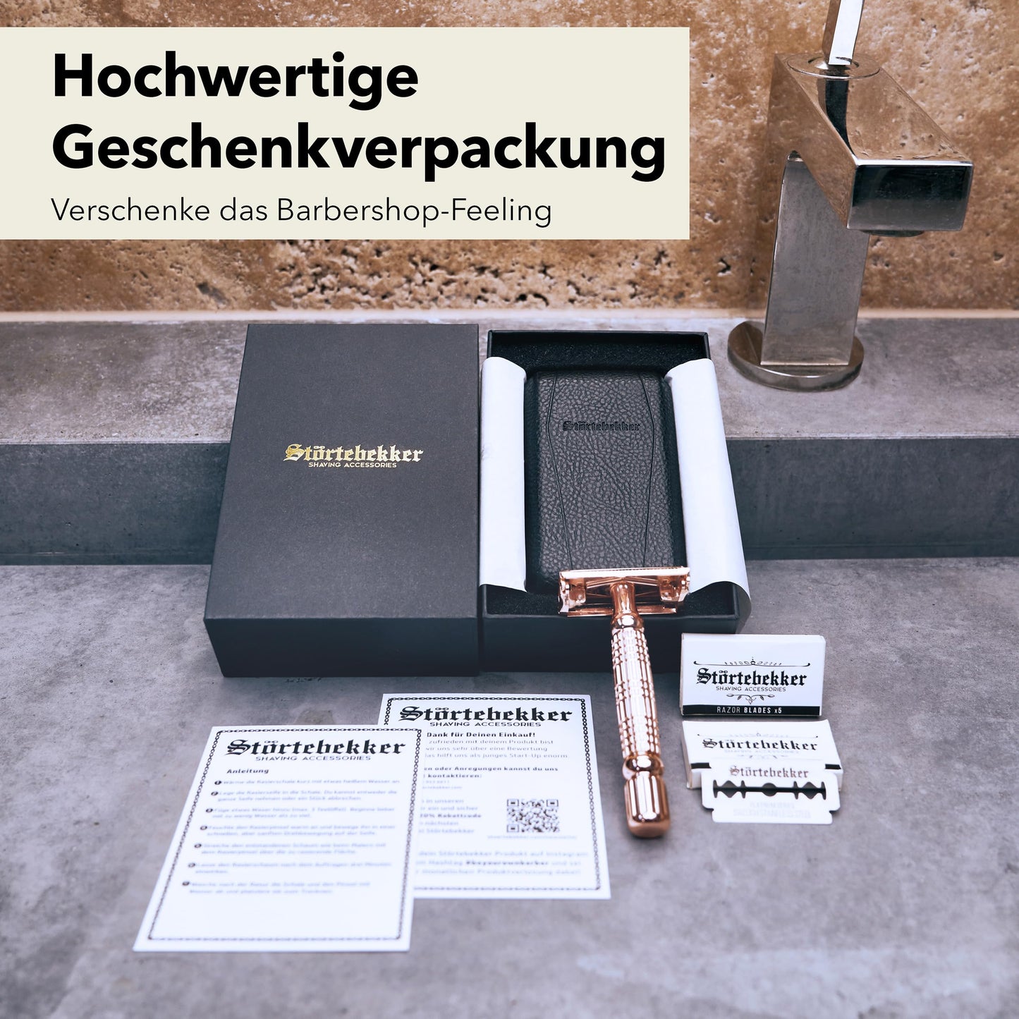 Störtebekker® Premium Rasierhobel ‘Hamburg’ im handgefertigten Leder-Etui - *TESTSIEGER* Stiftung Warentest (12/2024) - Rasier-Set mit 10 Rasierklingen, Reise-Etui & eingebautem Spiegel - Nassrasierer
