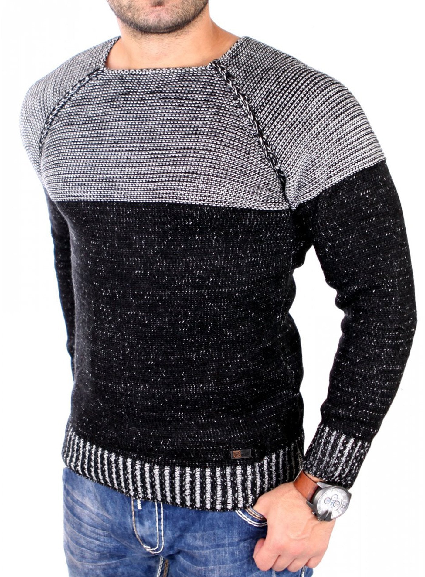 Reslad Men’s Two-Tone Chunky Knit Sweater – Slim Fit Crewneck Pullover