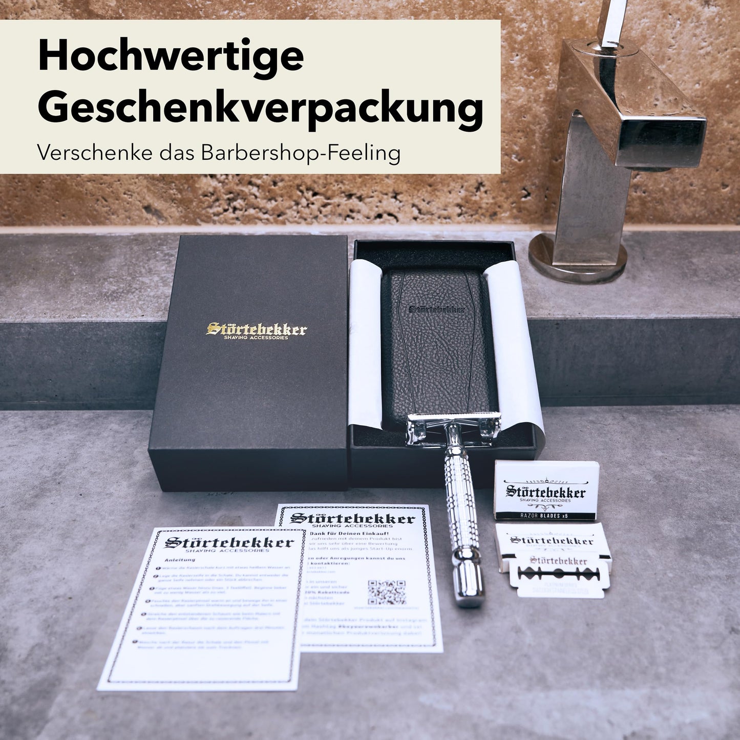 Störtebekker® Premium Rasierhobel ‘Hamburg’ im handgefertigten Leder-Etui - *TESTSIEGER* Stiftung Warentest (12/2024) - Rasier-Set mit 10 Rasierklingen, Reise-Etui & eingebautem Spiegel - Nassrasierer