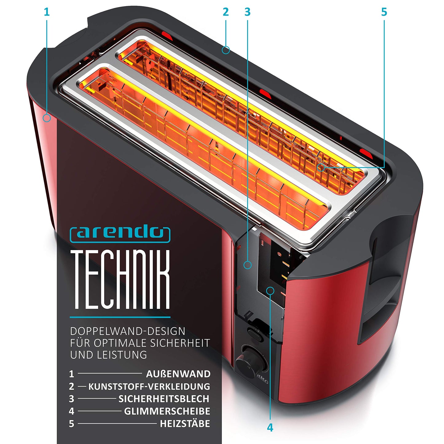 Arendo - Edelstahl Toaster Langschlitz 4 Scheiben - Defrost Funktion - wärmeisolierendes Gehäuse - mit integriertem Brötchenaufsatz - 1500W - Krümelschublade - Display mit Restzeitanzeige - Kupfer