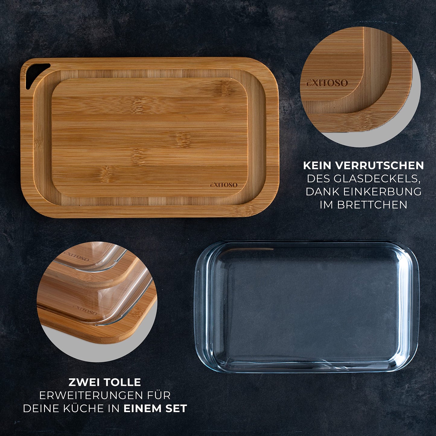 Exitoso 3-Piece Innovative Chopping Board Set | Non-Slip with Juice Groove and Handle | Dishwasher Safe | Antibacterial | Grey/Black Plastic