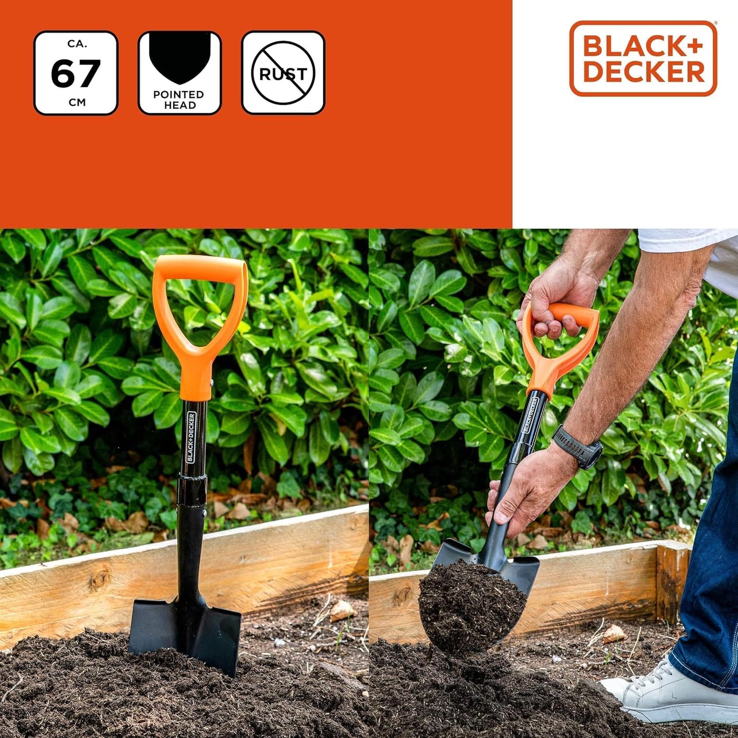 BLACK+DECKER Schaufel - 67 cm - 800 GR - Rostfrei - Kopf aus Karbonstahl und Stiel aus Glasfaser - Schwarz