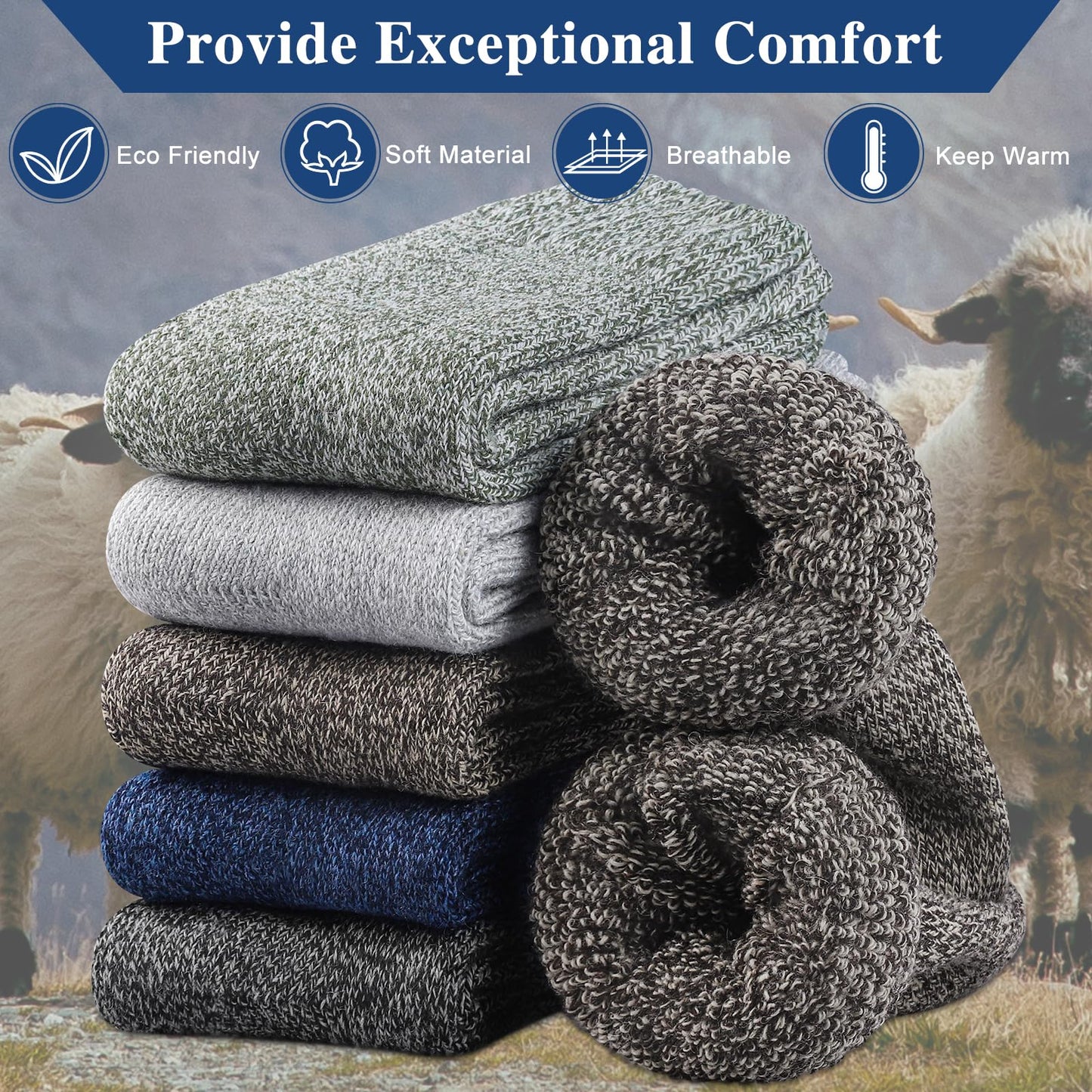 Reamphy 5 Pairs Thermal Wool Socks for Men