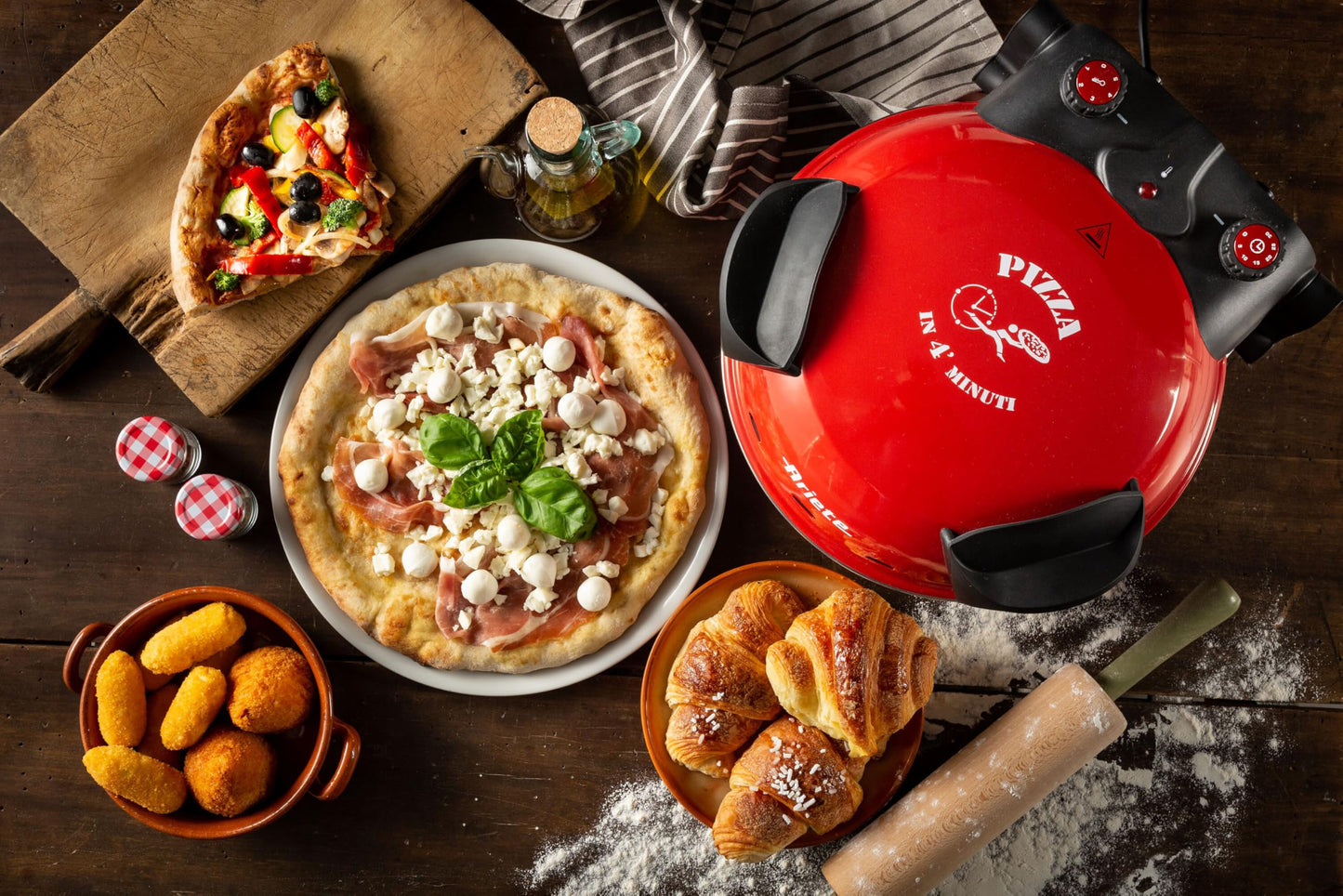 Ariete Pizzaofen 919, 4-Minuten-Pizza, Pizzaofen mit 5 Garstufen, Feuerfeste Platte zum Wiederaufwärmen, Holzbrettchen im Lieferumfang Enthalten, Max. Temperatur 400°C, 1200W, Rot