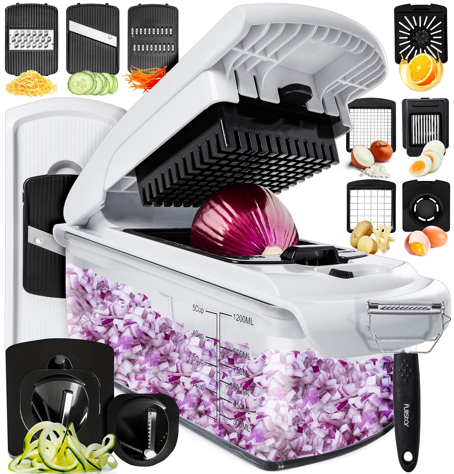 Gemüseschneider Mandoline Gemüsehobel - Gemüse Schneider Gurkenhobel Zwiebelschneider Kartoffelschneider Obstschneider - Reibe für Gemüse und Käse - Julienneschneider (6-in-1 Kompakt Weiß)