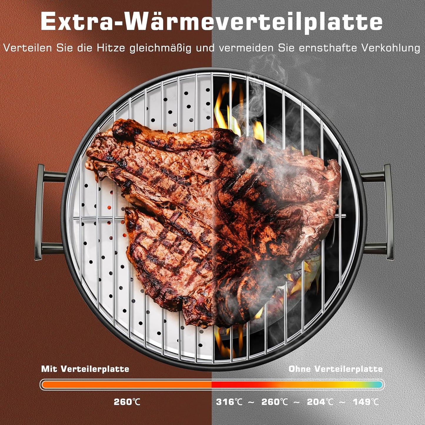 TOKTOO Portable charcoal grill with adjustable fan, Ø 44cm BBQ grill with lid, grill grate and thermometer, charcoal grill for barbecue camping, terrace, garden, charcoal grill