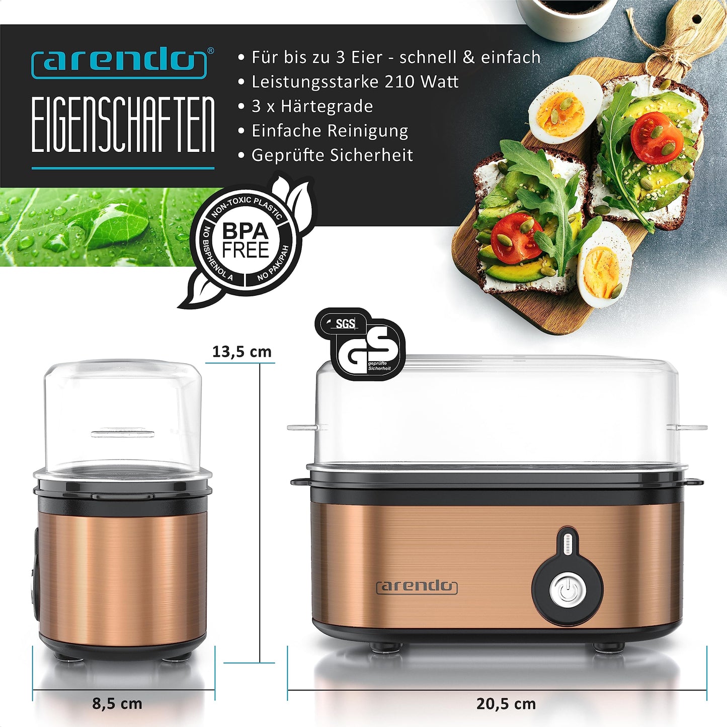 Arendo - Edelstahl Eierkocher Threecook - Egg Cooker - EIN AUS-Schalter - Wählbarer Härtegrad - 210 W - 1-3 Eier - GS - BPA-frei