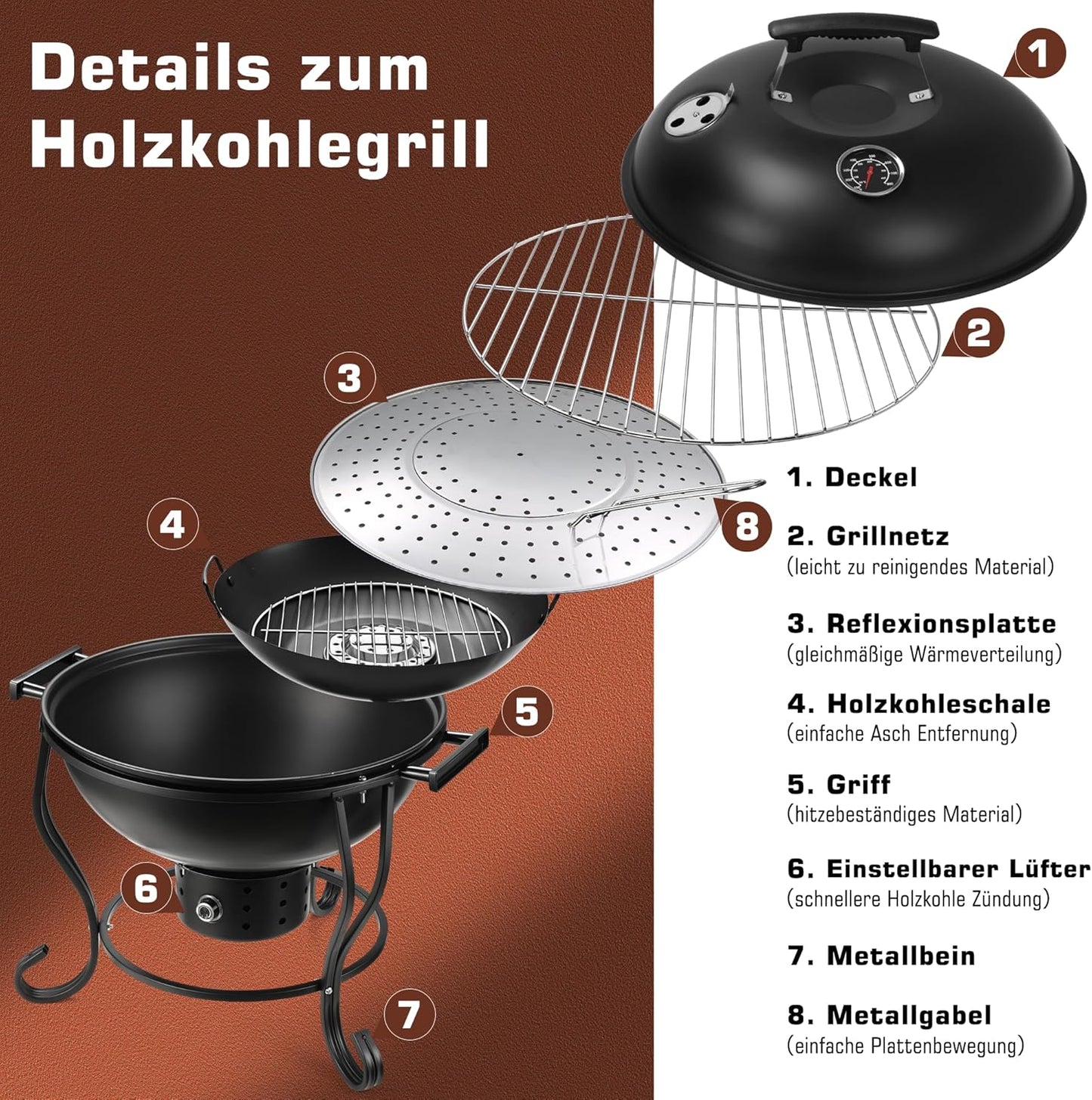 TOKTOO Portable charcoal grill with adjustable fan, Ø 44cm BBQ grill with lid, grill grate and thermometer, charcoal grill for barbecue camping, terrace, garden, charcoal grill