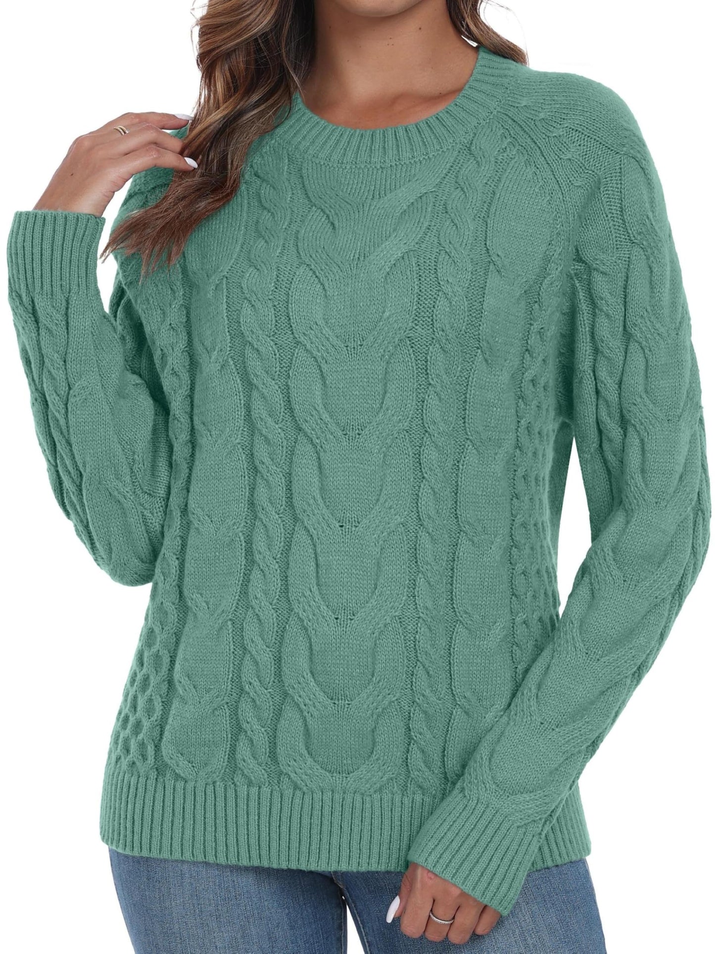 QIXING Women's Cable Knit Sweater – Elegant Long Sleeve Round Neck Winter Pullover