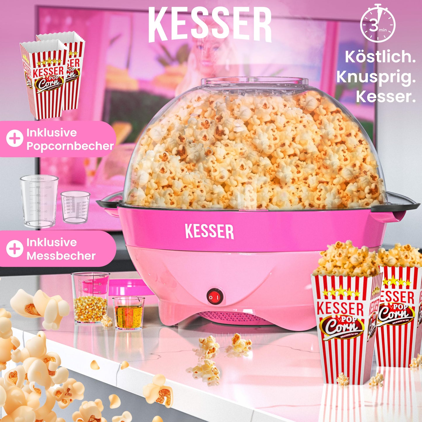 KESSER® Popcornmaschine Groß 800W | Popcorn-Maker 5,5l Inhalt mit Antihaftbeschichtung Deckel & Servierschale | für Öl Butter Zucker Stille & Schnelle inkl. abnehmbarer Heizfläche