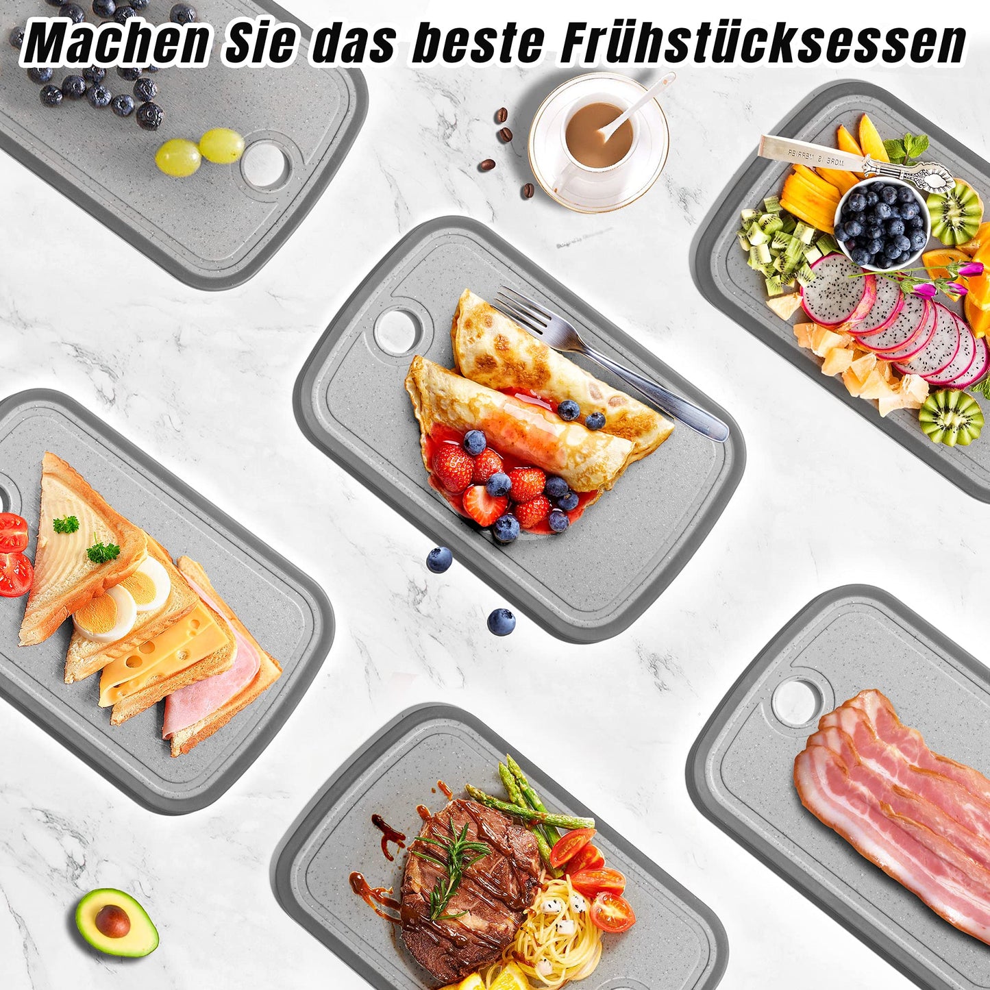 DIFULI Schneidebrett Set 3-teilig Granitoptik, 100% Rutschfeste Aufkleber und Saftkanal, BPA-Free, mit Griff Schneidebretter Kunststoff Antibakteriell, Küchenzubehör, Küchen Gadgets, Küchenhelfer