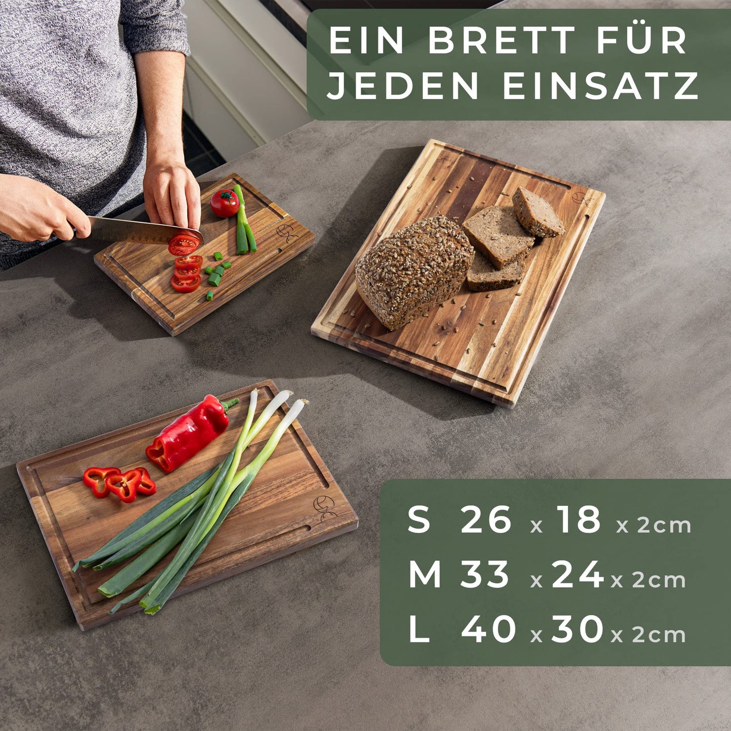 WALDWERK Set of 3 Solid Acacia Chopping Boards (40 x 30 cm / 33 x 24 cm / 26 x 18 cm), with Board Stand, 2 cm Thick Wooden Boards with Juice Groove, Designer Chopping Board Set