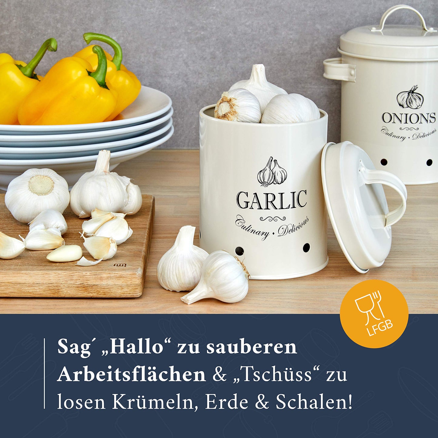 HIKITCHEN® Vorratsbehälter-Set für länger frisches Gemüse (schwarz) - Stilvolle Kartoffel-, Knoblauch- und Zwiebel-box/topf - Gemüsebehälter