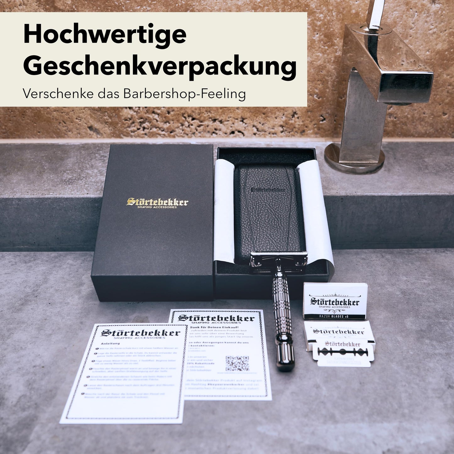 Störtebekker® Premium Rasierhobel ‘Hamburg’ im handgefertigten Leder-Etui - *TESTSIEGER* Stiftung Warentest (12/2024) - Rasier-Set mit 10 Rasierklingen, Reise-Etui & eingebautem Spiegel - Nassrasierer