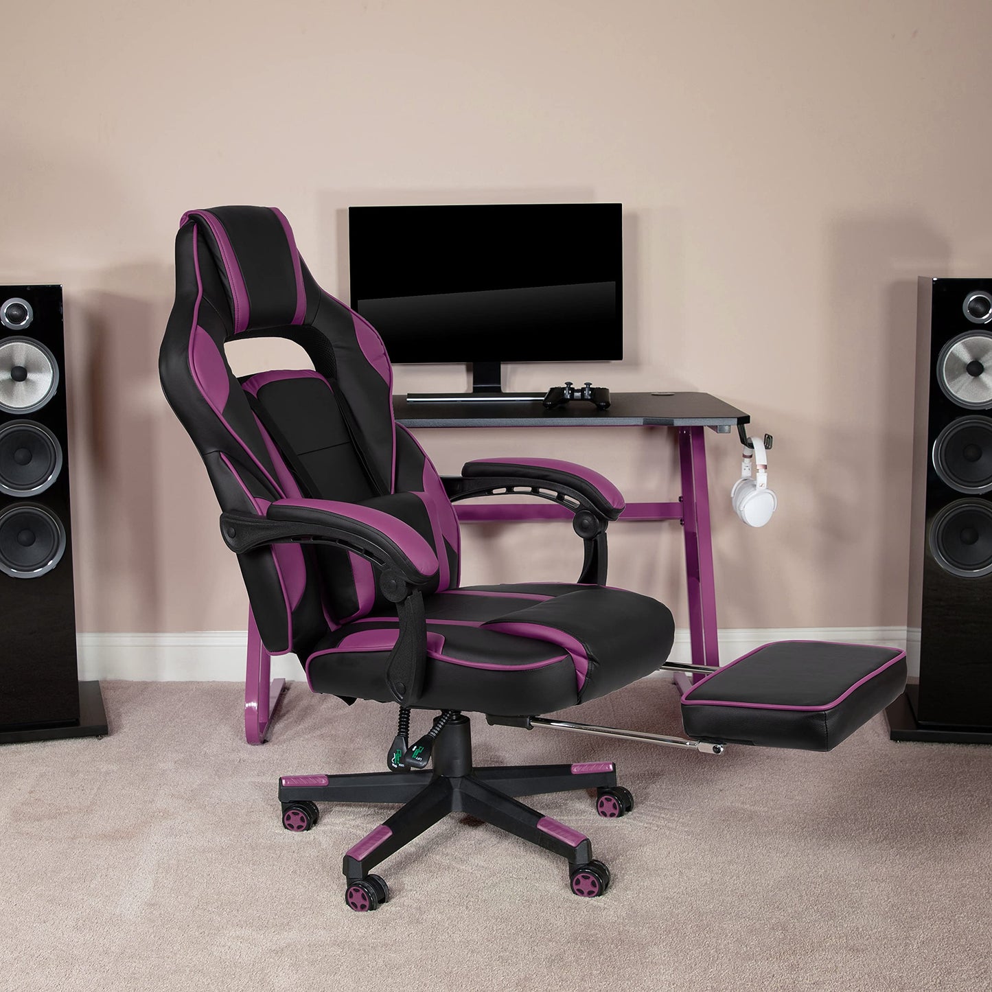 Flash Furniture X30 Gaming-Stuhl, ergonomischer Bürostuhl für PC- und Gaming-Setups, verstellbarer Rennsport-Stuhl mit vollständig verstellbarer Rückenunterstützung, schwarz mit weißer Verzierung