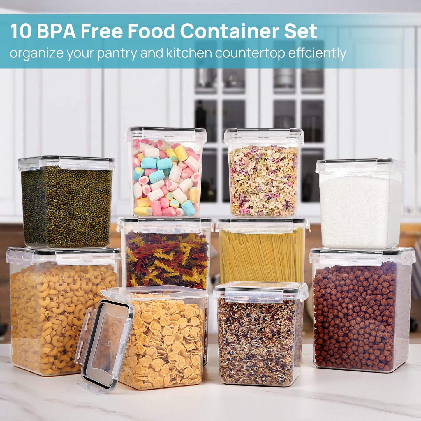 Vtopmart 5.2L Groß Vorratsdosen mit Deckel Luftdicht, 4 Stück Plastik Aufbewahrungsbox Küche Organizer BPA Frei, Aufbewahrung Vorratsbehälter für Zucker und Mehl mit Etiketten und Messbechern