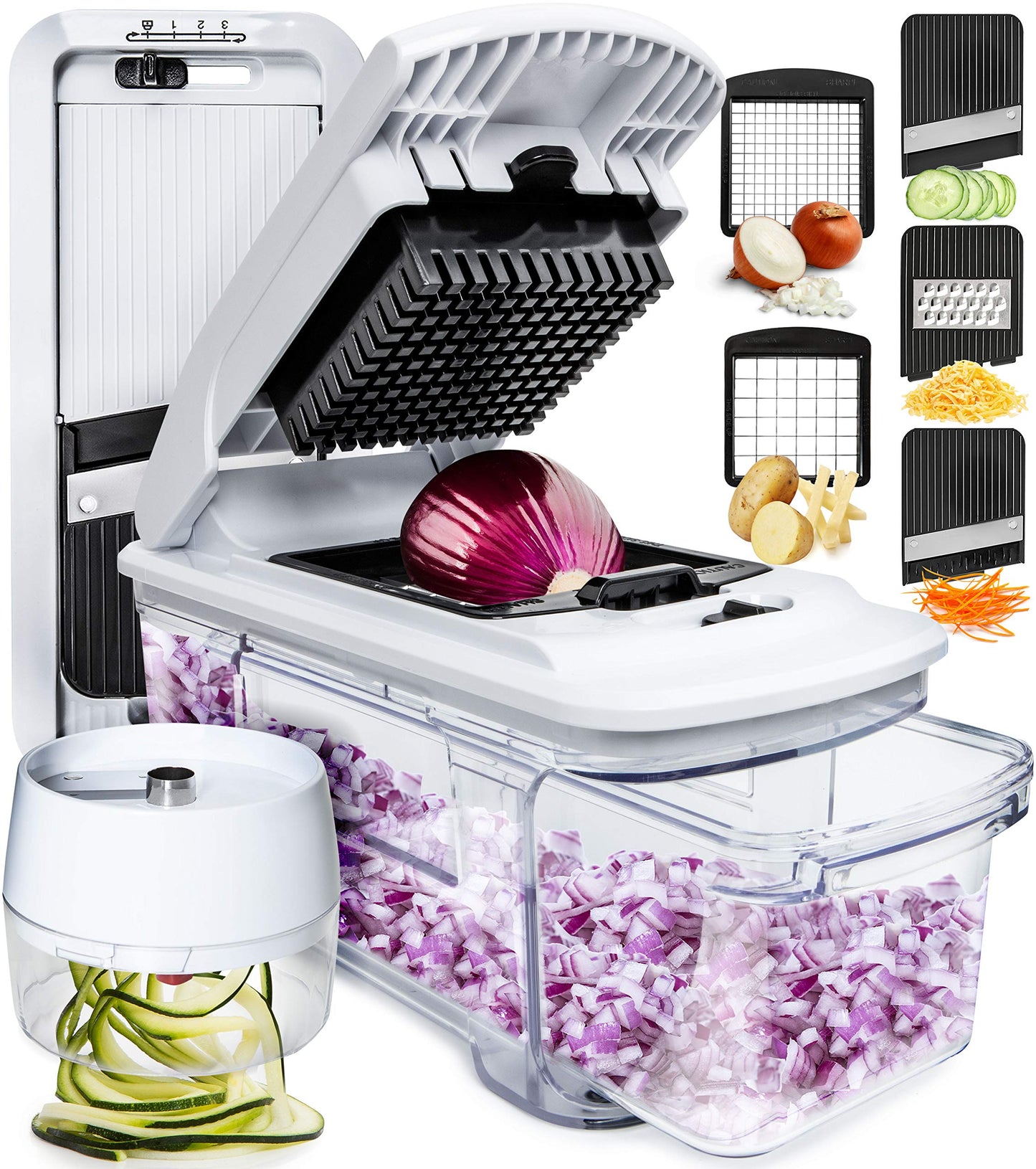 Gemüseschneider Mandoline Gemüsehobel - Gemüse Schneider Gurkenhobel Zwiebelschneider Kartoffelschneider Obstschneider - Reibe für Gemüse und Käse - Julienneschneider (6-in-1 Kompakt Weiß)