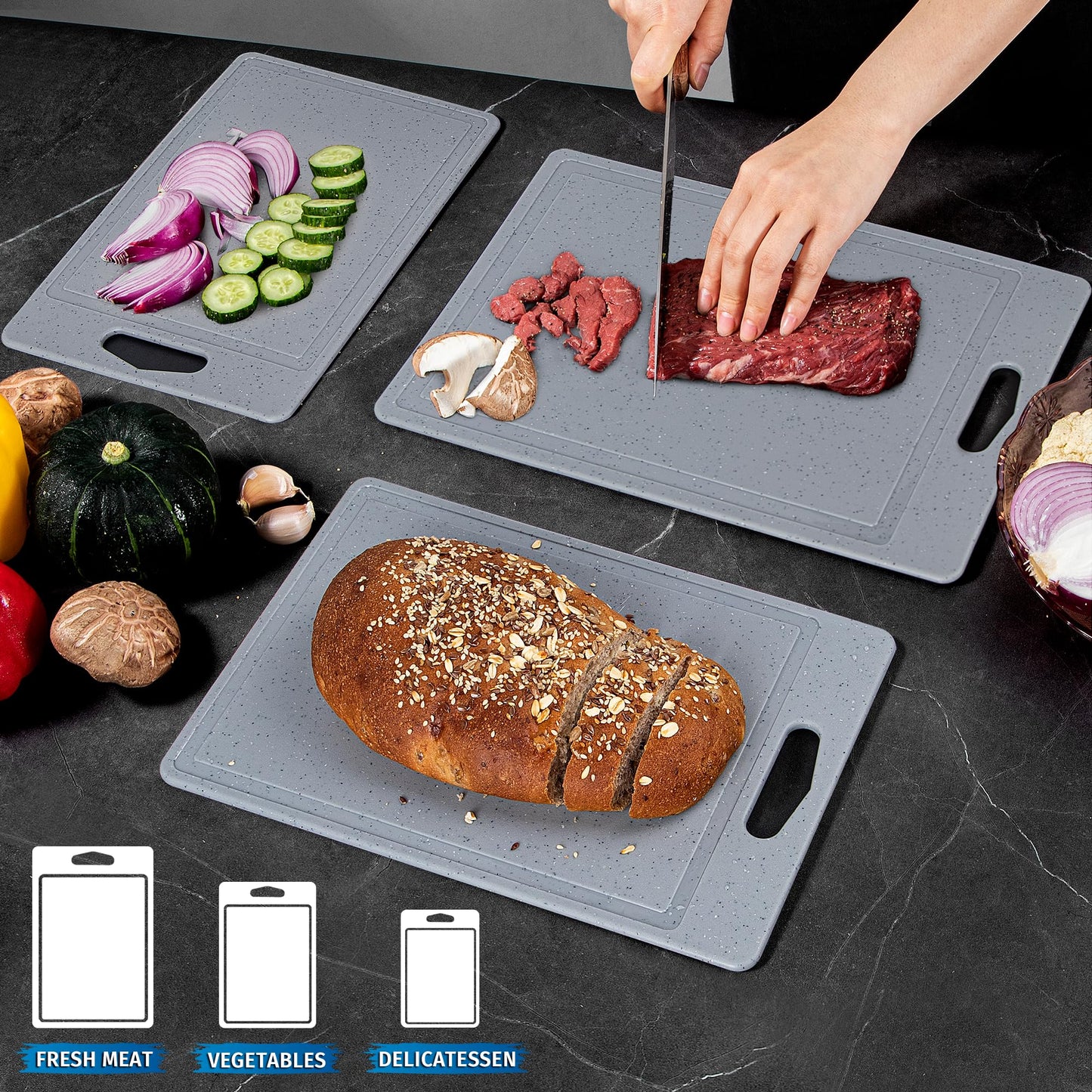DIFULI Schneidebrett Set 3-teilig Granitoptik, 100% Rutschfeste Aufkleber und Saftkanal, BPA-Free, mit Griff Schneidebretter Kunststoff Antibakteriell, Küchenzubehör, Küchen Gadgets, Küchenhelfer