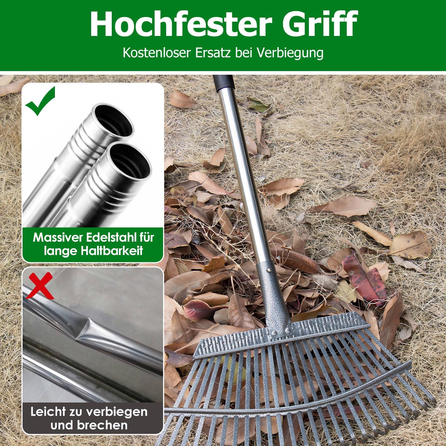25-Zinken Garten Rechen für Laub, Rasen & Gras, Verstellbarer Langer Stiel Laubrechen, Breiter Metall-Rechenkopf, Ergonomisches Design, Effiziente Reinigung Laubsammler für Garten, Rasen, Moos