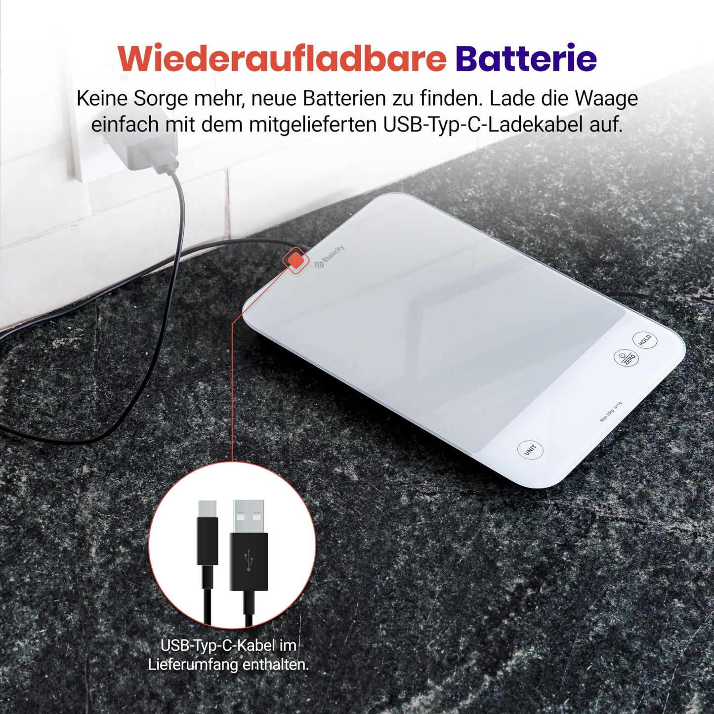 ETEKCITY Küchenwaage, digital 5KG mit großem LCD-Display,Digitalwaage, Briefwaage mit Großer Edelstahl Wiegefläche, Flüssigkeitsmessung, hohe Präzision auf bis zu 1g, Tara-Funktion, Silber