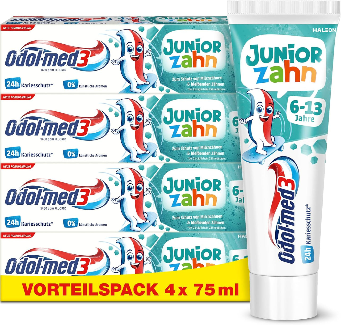 Odol-med3 Juniorzahn Zahnpasta, Zahnpasta Kinder ab 6 Jahren, Zahncreme zum Schutz von Milchzähnen und bleibenden Zähnen, ohne Titandioxid, künstliche Aromen & Süßstoffe, 75ml