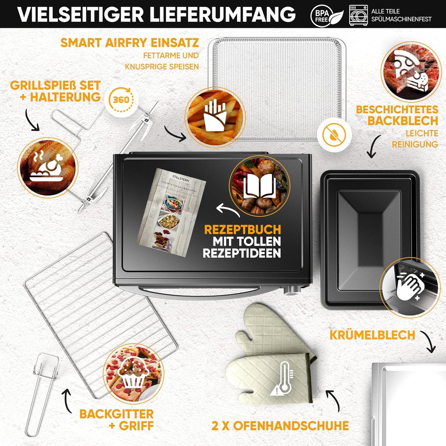 Stillstern Minibackofen mit Umluft (25L) NEU: CYCLONE PRO+ (Antihaftbeschichtung), DE Version, Airfryer-Einsatz, Rezeptheft, Drehspieß, 1500W Toaster Grill Pizzaofen Mini Backofen Ideal für Camping