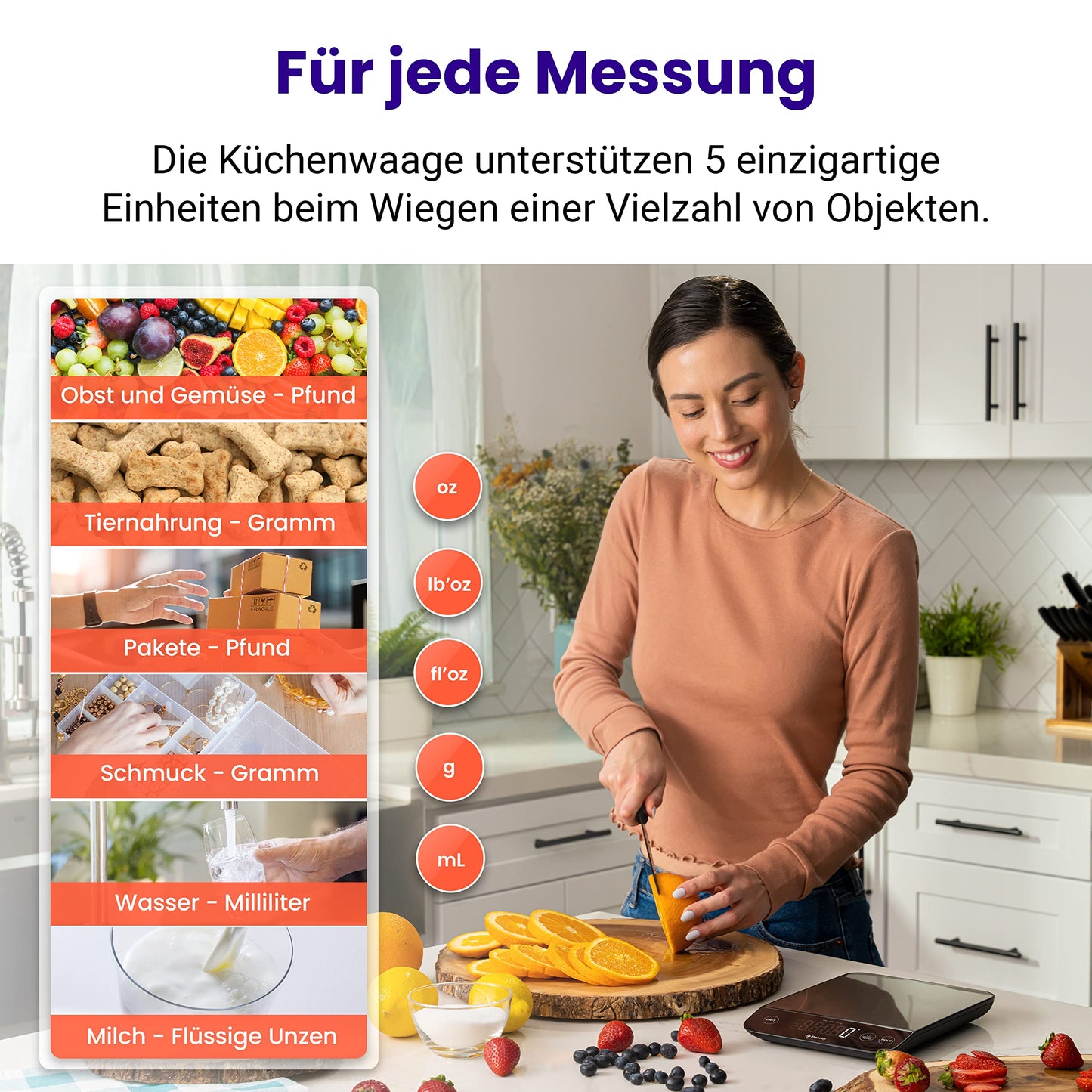 ETEKCITY Küchenwaage, digital 5KG mit großem LCD-Display,Digitalwaage, Briefwaage mit Großer Edelstahl Wiegefläche, Flüssigkeitsmessung, hohe Präzision auf bis zu 1g, Tara-Funktion, Silber