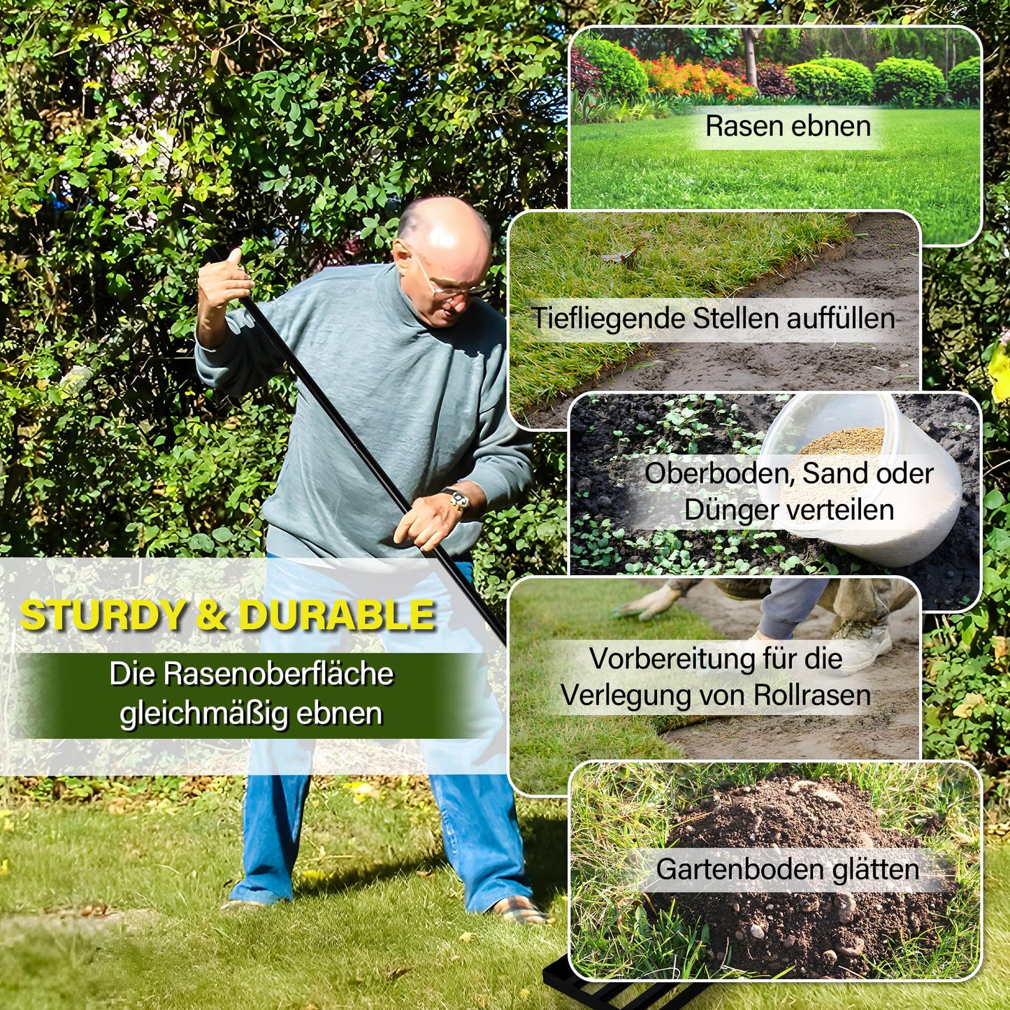Garten Rasen-Nivellierungsrechen XL,Edelstahl-Ebnungsplatte, Verstärkte Schweißnähte, 68-198 cm Verstellbar, Anti-Kipp-Kante, für Boden, Erde, Garten, Rasenpflege, Landschaftsbau (75 X 25 cm)