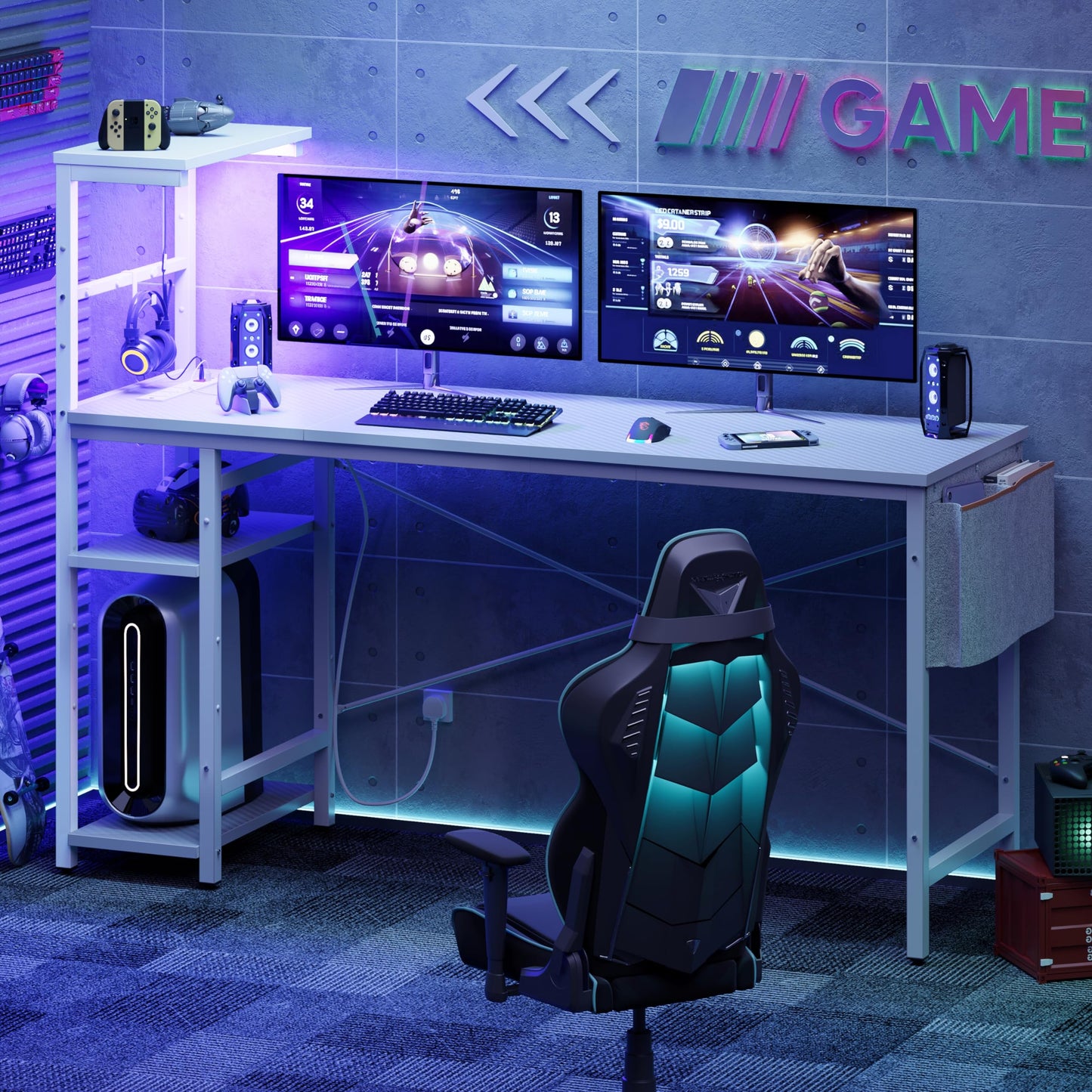 Bestier 113CM Eck-Computertisch mit Steckdosen Computertisch mit LED-Leuchten Umkehrbarer Schreibtisch mit Seitentasche Aufbewahrungstasche & Zubehöraufhänger für Home Office Small Space Weiß