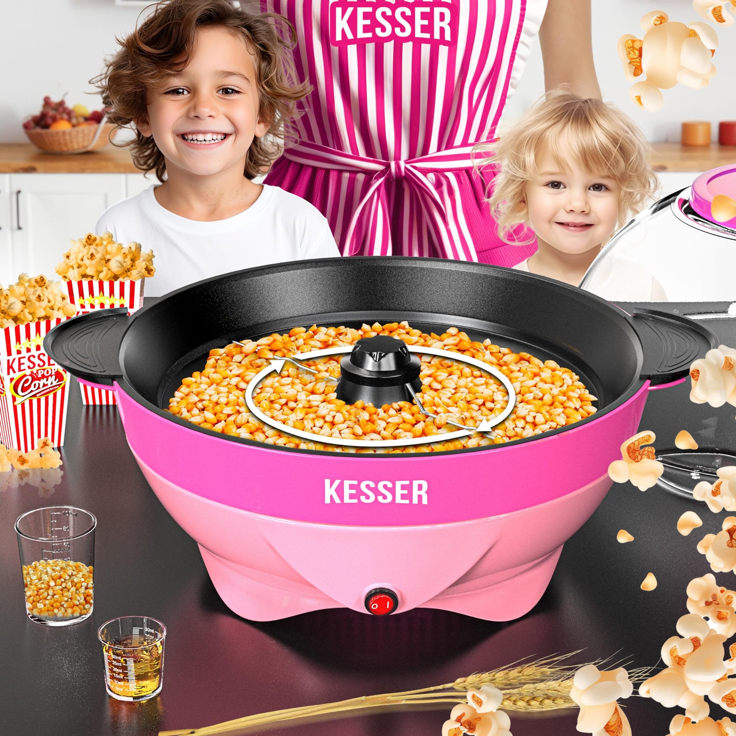 KESSER® Popcornmaschine Groß 800W | Popcorn-Maker 5,5l Inhalt mit Antihaftbeschichtung Deckel & Servierschale | für Öl Butter Zucker Stille & Schnelle inkl. abnehmbarer Heizfläche