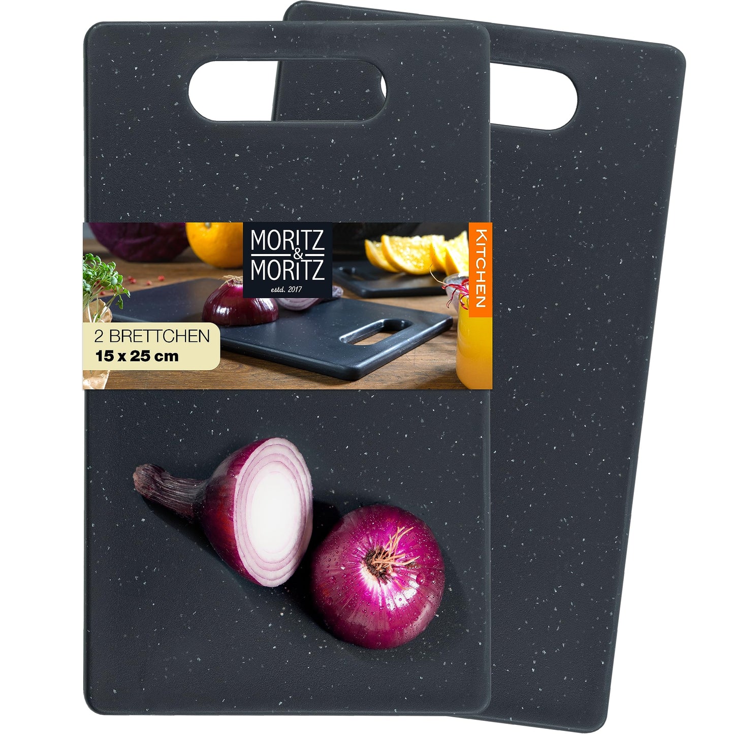 Moritz & Moritz 2x Schneidebrett Kunststoff Set in Granit Optik - 25 x 15 cm - Schneidebretter BPA frei - Frühstücksbrettchen - Schneidebrett Set hygienisch und spülmaschinenfest