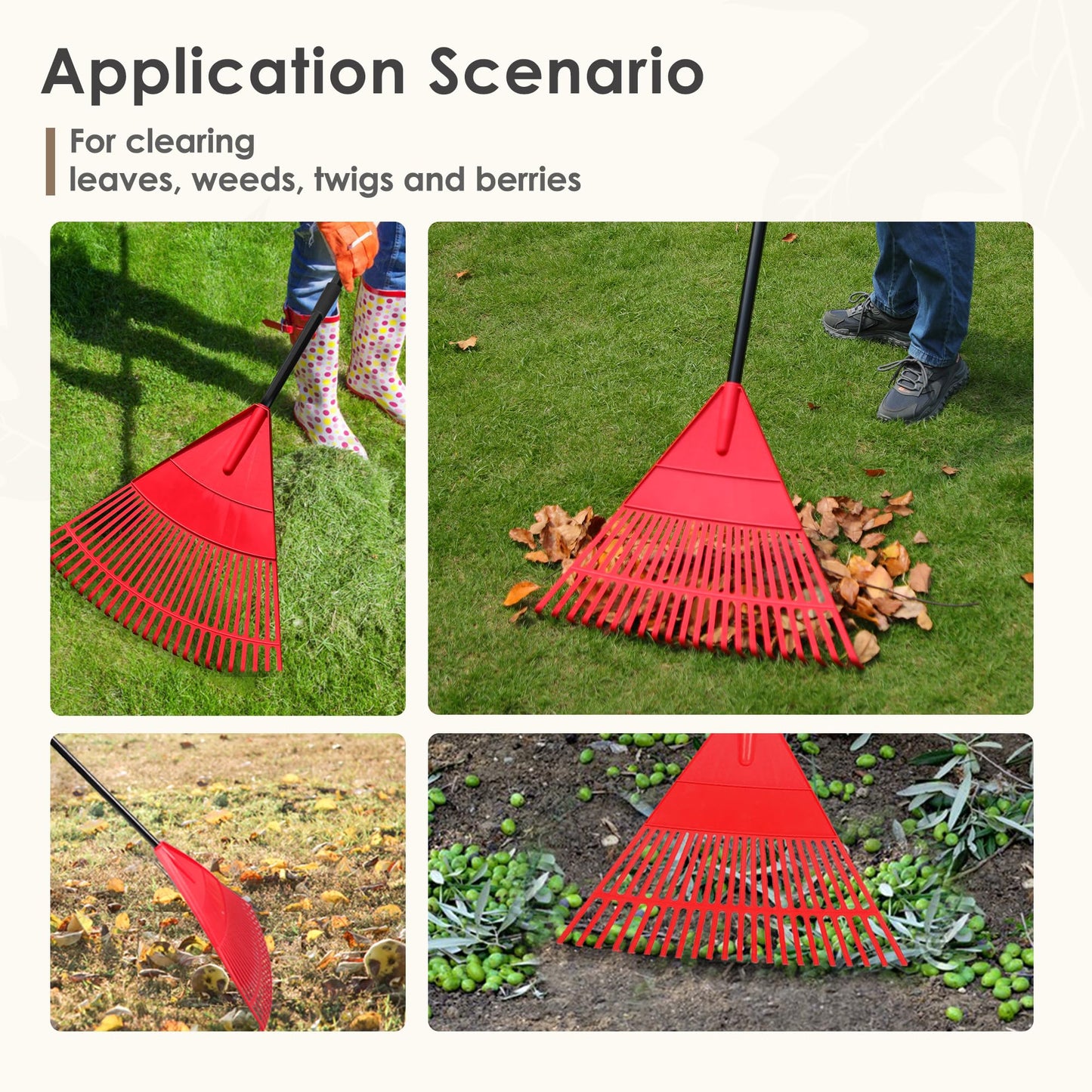 ORIENTOOLS Garten Laubrechen, Garten Rechen für Rasen Laub mit verstellbarem Griff 107 bis 156 cm Rechen, 22 Starke Zinken Kunststoff Kopf Strauch Rechen, Landschaftsbesen für Rasen und Blätter