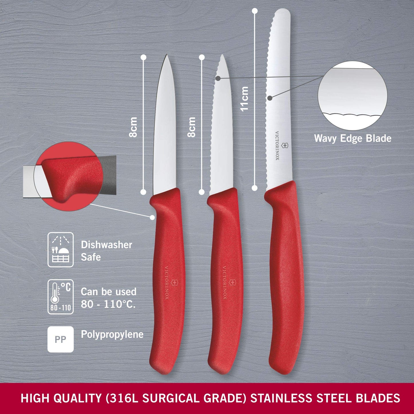 Victorinox Swiss Classic Gemüsemesser-Set, 3-teilig, Obstmesser, Gerader Schliff, Extra Scharf, Robuster Kunststoffgriff, mehrfarbig
