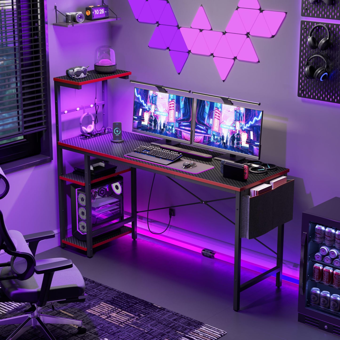 Bestier 113CM Eck-Computertisch mit Steckdosen Computertisch mit LED-Leuchten Umkehrbarer Schreibtisch mit Seitentasche Aufbewahrungstasche & Zubehöraufhänger für Home Office Small Space Weiß