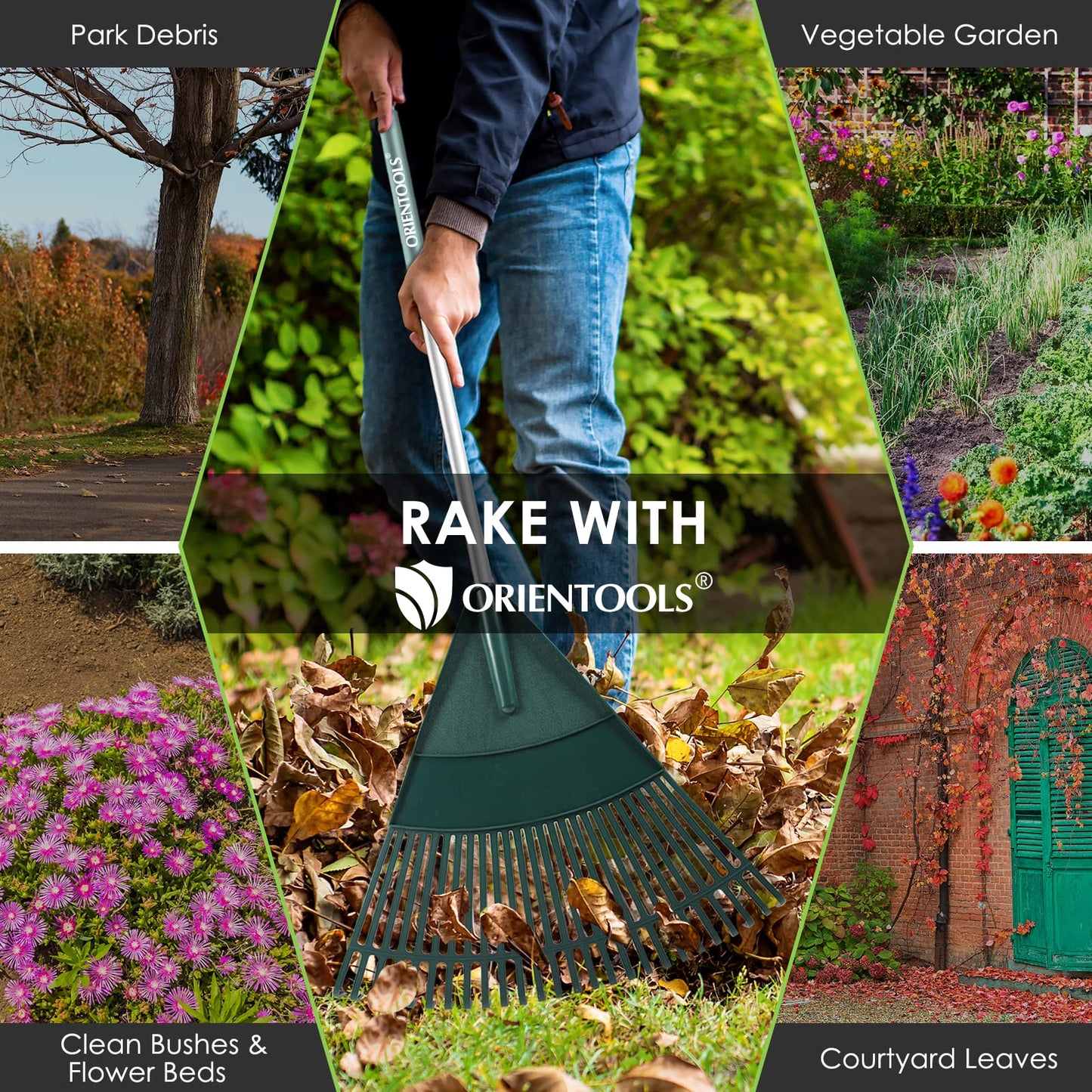 ORIENTOOLS Garten Laubrechen, Garten Rechen für Rasen Laub mit verstellbarem Griff 107 bis 156 cm Rechen, 22 Starke Zinken Kunststoff Kopf Strauch Rechen, Landschaftsbesen für Rasen und Blätter