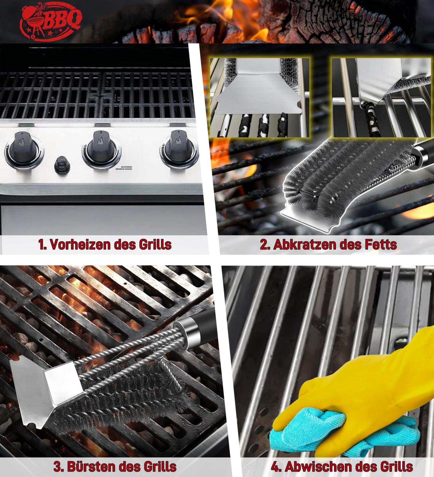 Grillbürste, TNTOR Grill Reinigungsbürste mit Extra Langer Edelstahl Borsten, Edelstahl Spatel und PP Wärmedämmung Griff, für Gasgrill, Holzkohlegrill, Kugelgrill, Elektrogrill und Grillrost.