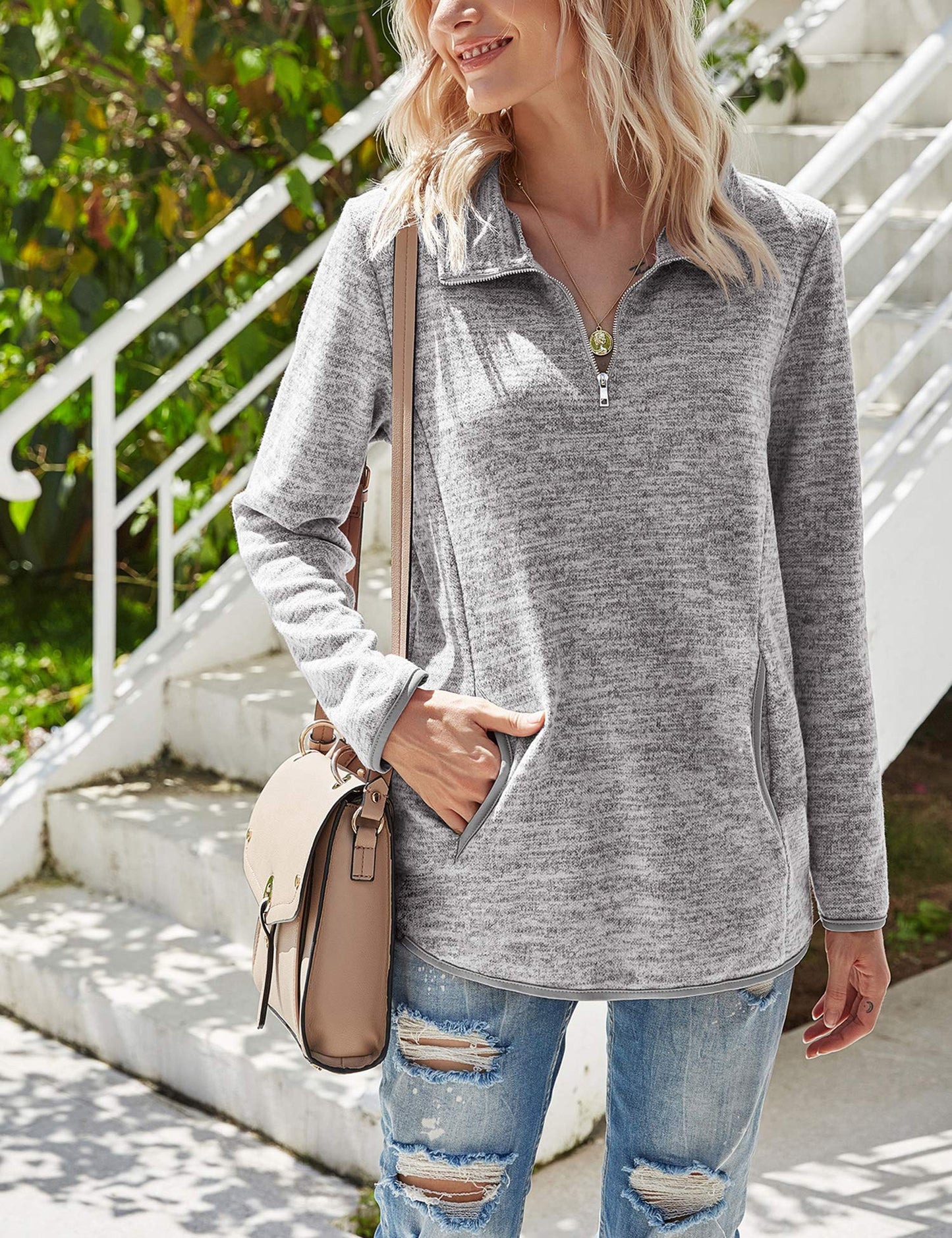 iWoo Women’s 1/4 Zip Pullover Sweatshirt – Casual Long Sleeve Top