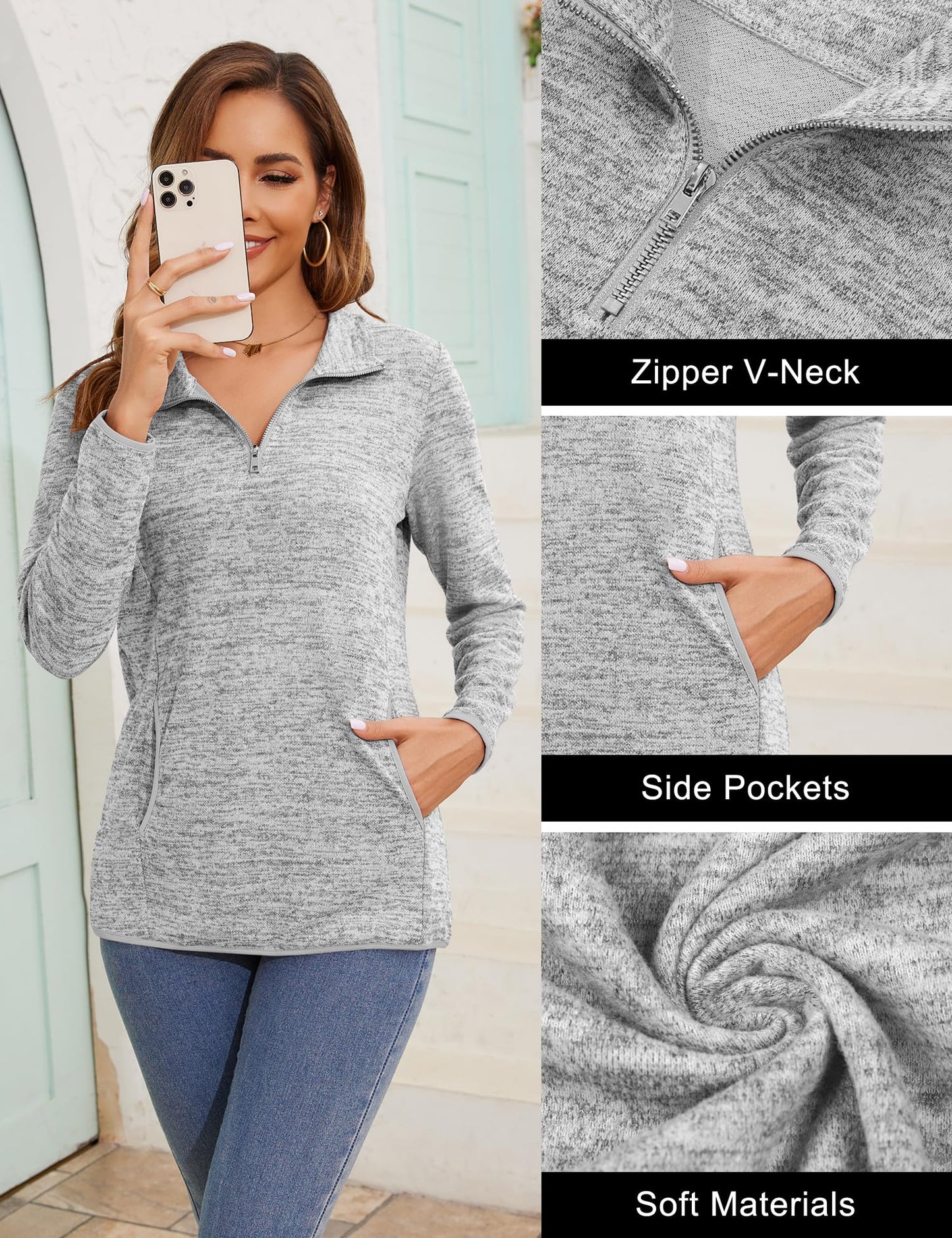 iWoo Women’s 1/4 Zip Pullover Sweatshirt – Casual Long Sleeve Top