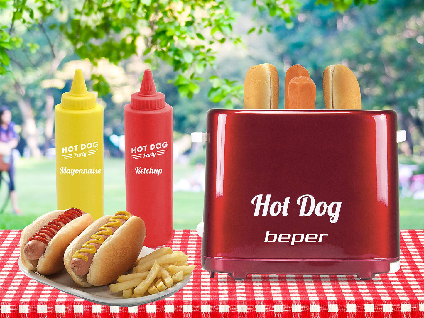 BEPER BT.150Y Hot Dog Maker mit 5 Kochstufen - Hot Dog Maschine im Vintage Design, Rot, 750 W