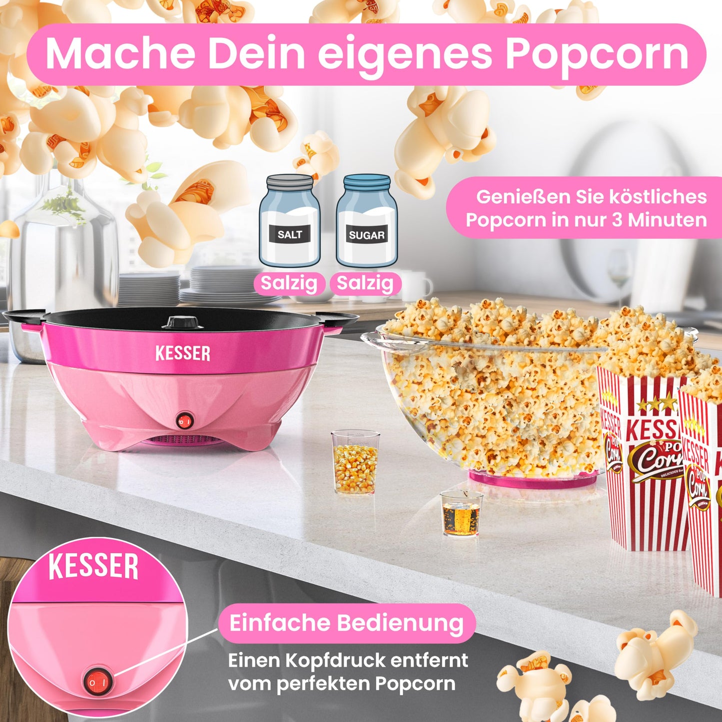KESSER® Popcornmaschine Groß 800W | Popcorn-Maker 5,5l Inhalt mit Antihaftbeschichtung Deckel & Servierschale | für Öl Butter Zucker Stille & Schnelle inkl. abnehmbarer Heizfläche