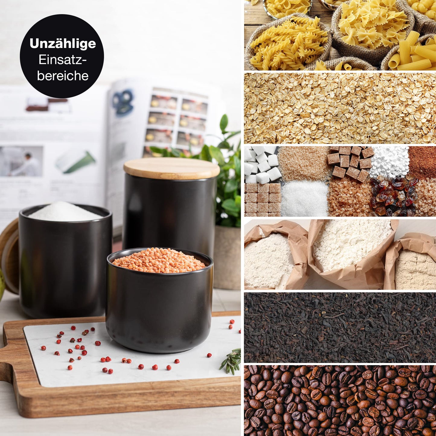 Moritz & Moritz 3x Vorratsdosen Schwarz 400ml, 600ml & 900 ml - Beschreibbar – 3x Keksdosen Keramik mit Deckel aus Bambus – Keramik Aufbewahrungsdose