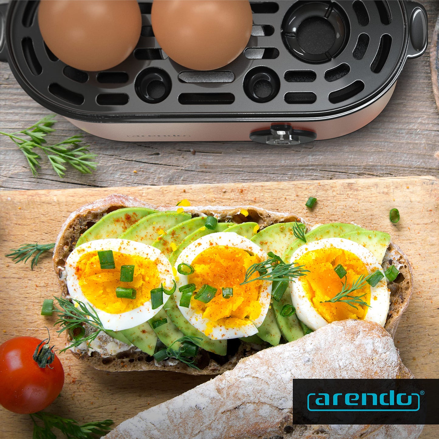 Arendo - Edelstahl Eierkocher Threecook - Egg Cooker - EIN AUS-Schalter - Wählbarer Härtegrad - 210 W - 1-3 Eier - GS - BPA-frei