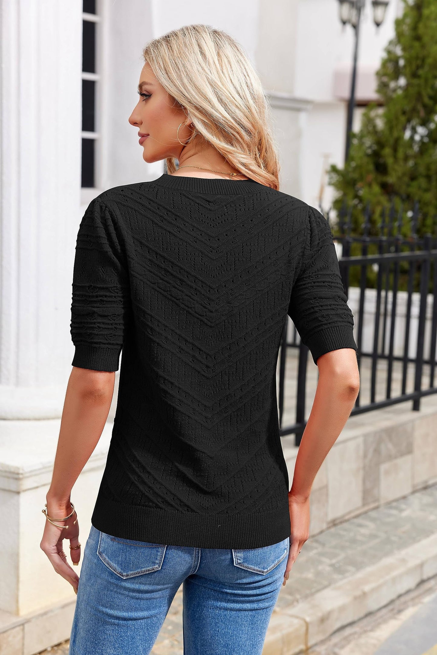 Women's Short Sleeve Knit Sweater – Casual Round Neck Puff Sleeve Pullover