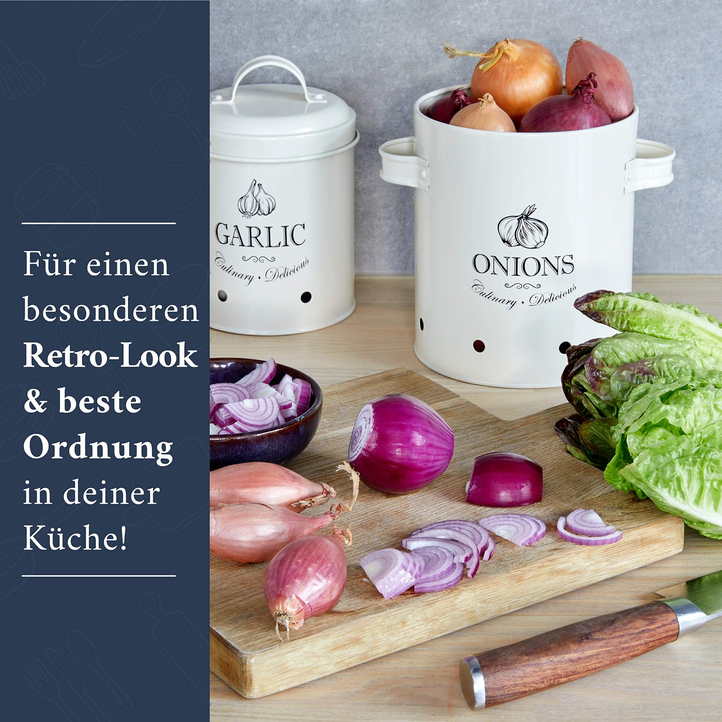 HIKITCHEN® Vorratsbehälter-Set für länger frisches Gemüse (schwarz) - Stilvolle Kartoffel-, Knoblauch- und Zwiebel-box/topf - Gemüsebehälter