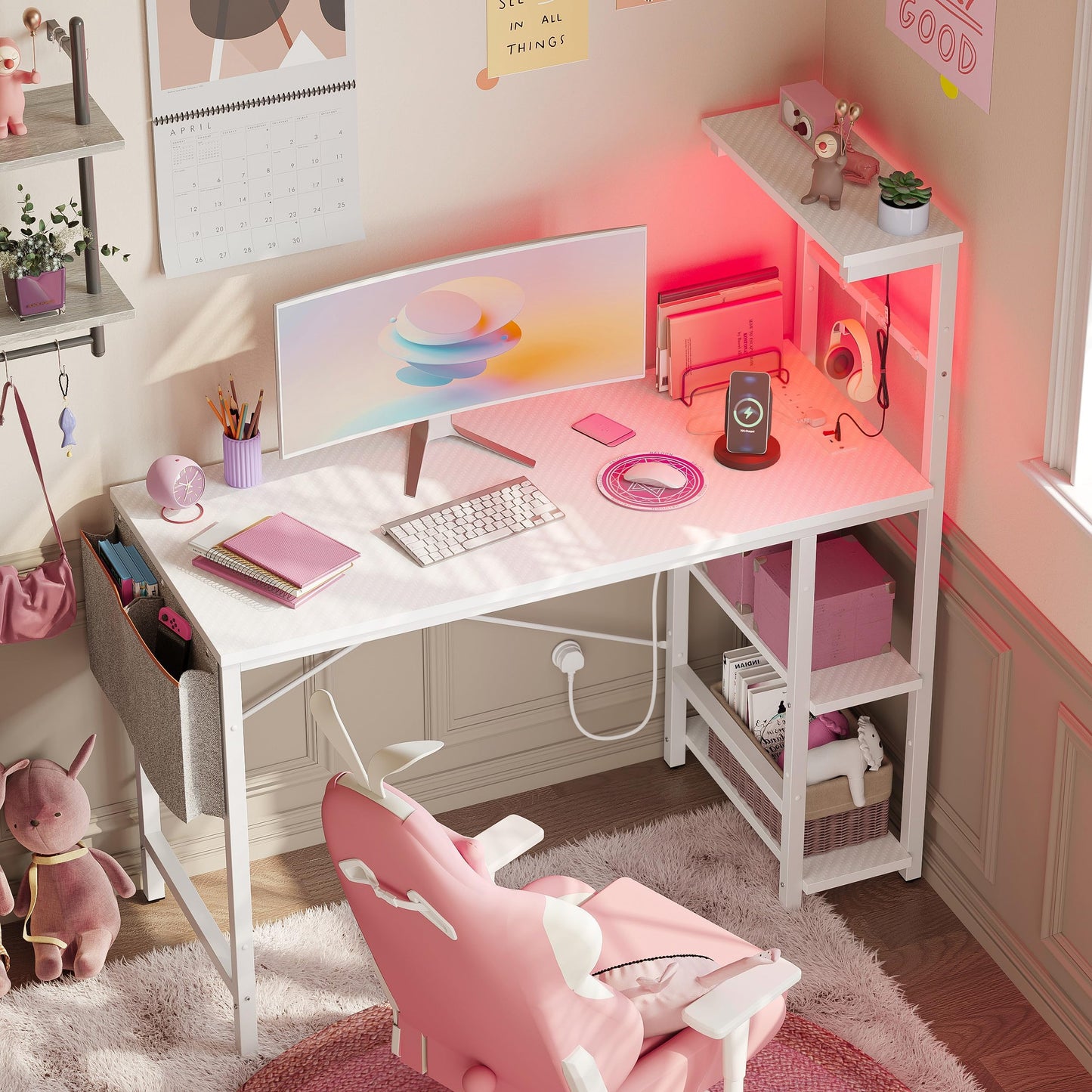 Bestier 113CM Eck-Computertisch mit Steckdosen Computertisch mit LED-Leuchten Umkehrbarer Schreibtisch mit Seitentasche Aufbewahrungstasche & Zubehöraufhänger für Home Office Small Space Weiß